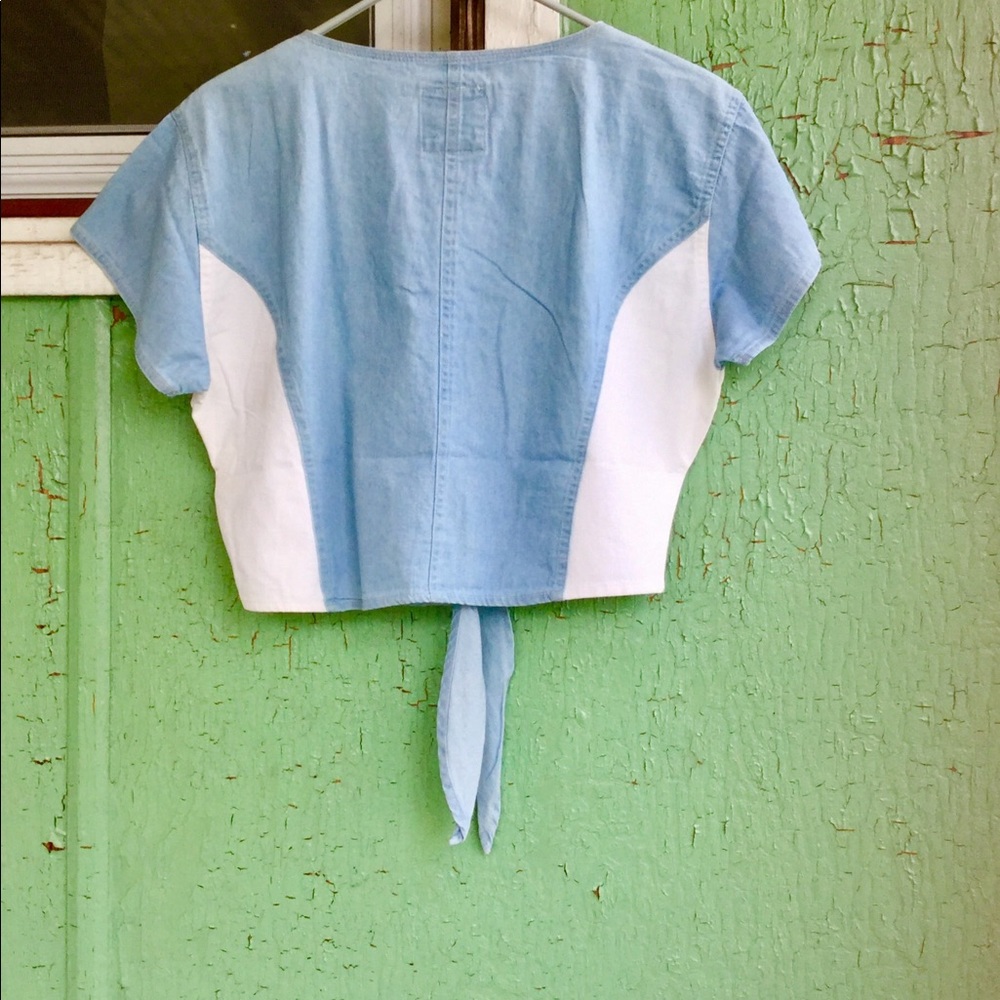 VTG RAD 80s Blue Denim Colorblock Midriff Crop Top - Picture 4 of 4